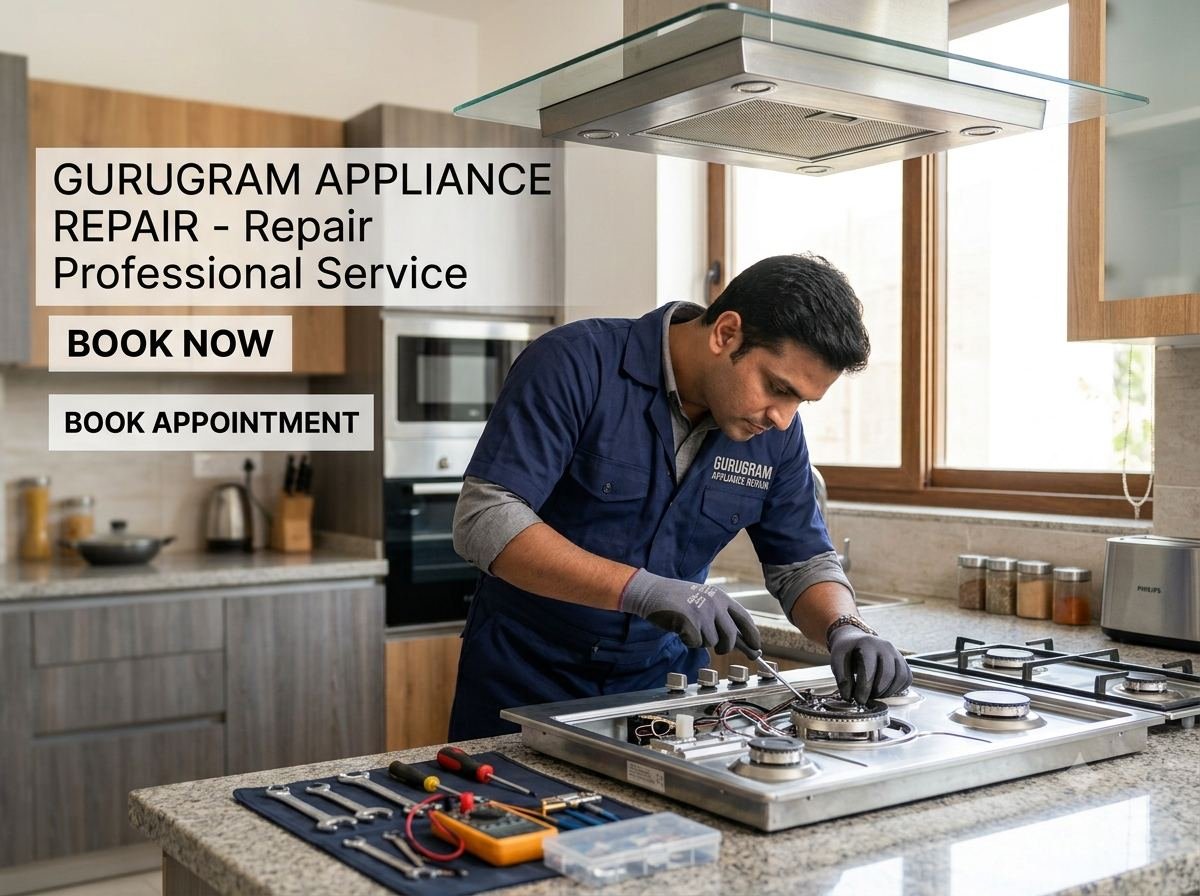 Gurugram appliance repair technician working on a gas hob, promotional banner with booking call to action