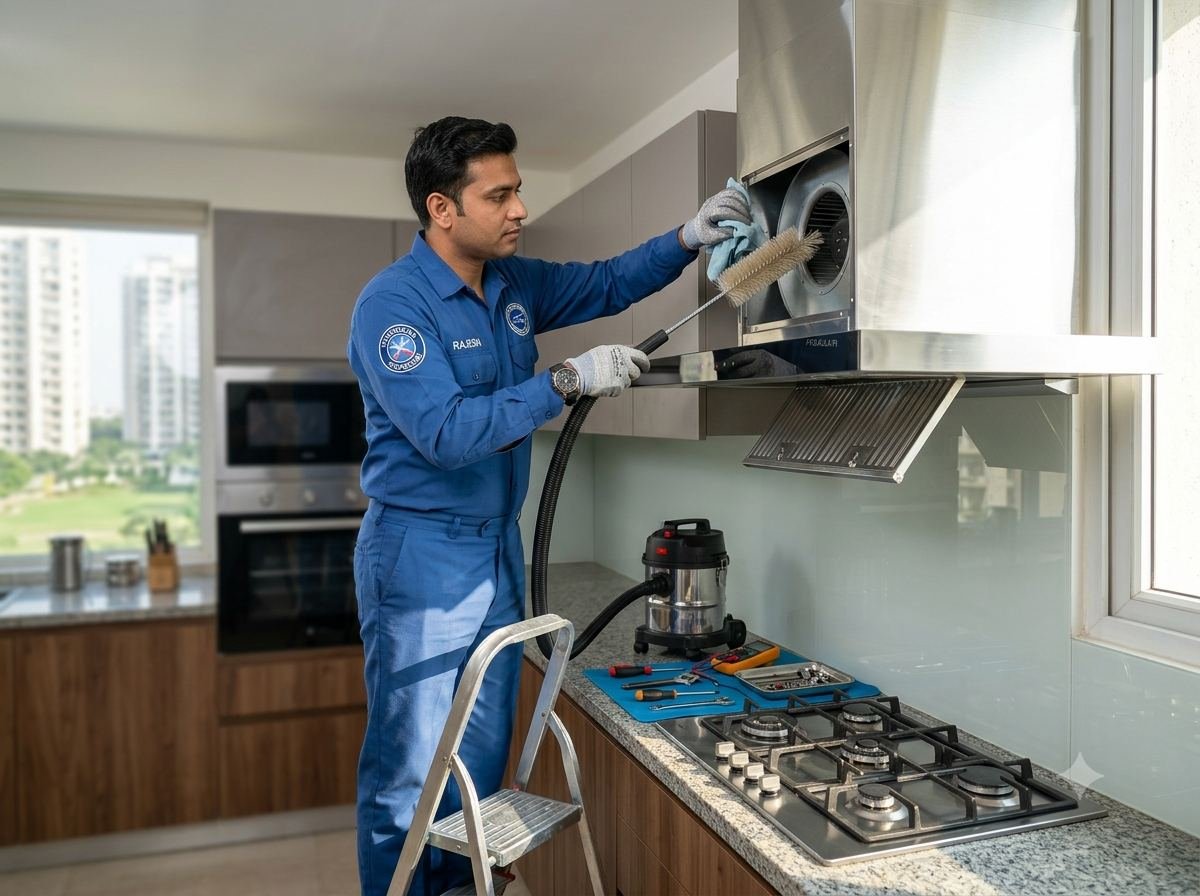 Technician on a step ladder cleaning the internal fan of a kitchen chimney above a gas hob