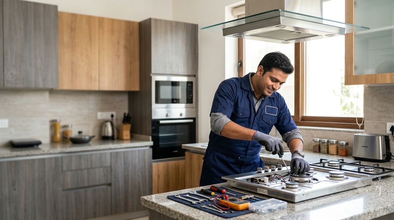 R.K Gas Repairing technician repairing a built-in hob under a kitchen chimney